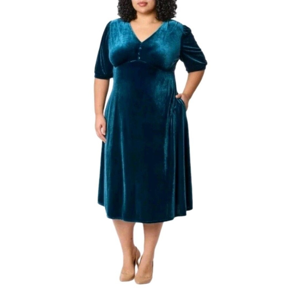Briggs New York Women's XL Holiday Velvet Midi Dress Vneck Stretch Teal Blue - Picture 1 of 13